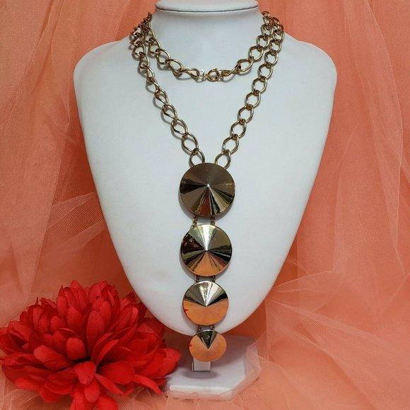 Vintage Signed Hobe Gold tone Pendant Necklace 30" Long Chain Cone Pendant - Picture 5 of 12